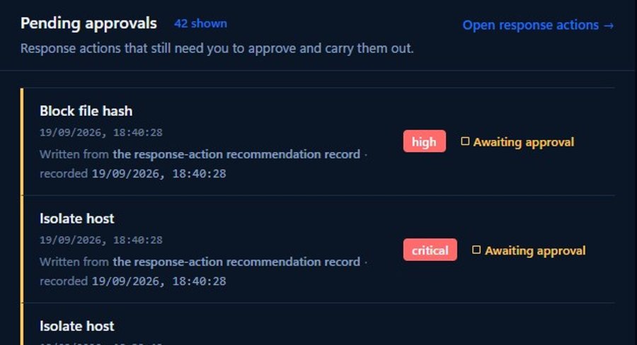 Trikeph Home pending approvals: block-file-hash and isolate-host recommendations awaiting approval.